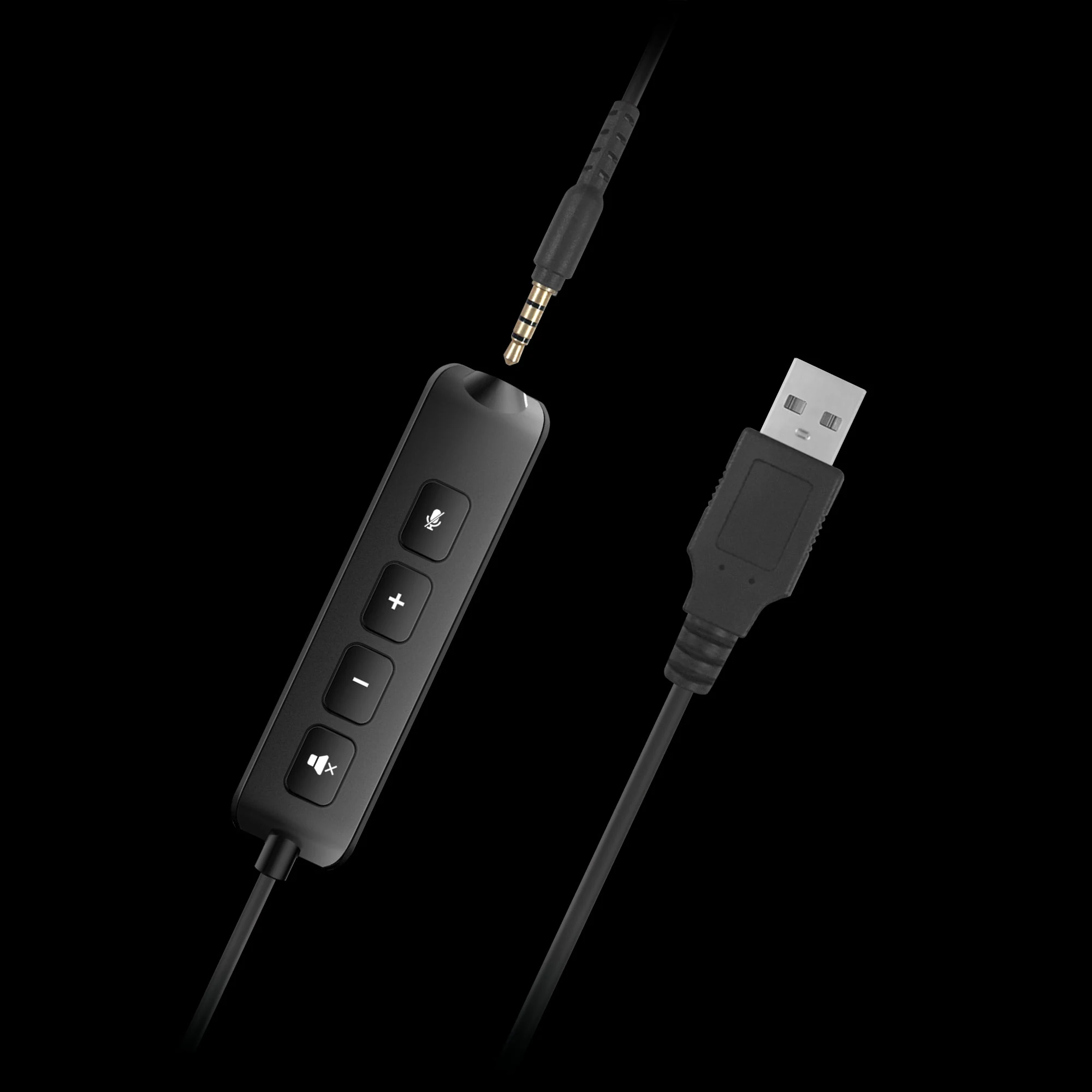 P3-kuulokemikrofonin johtosäädin, 3,5 mm:n liitin ja USB-sovitinkaapeli