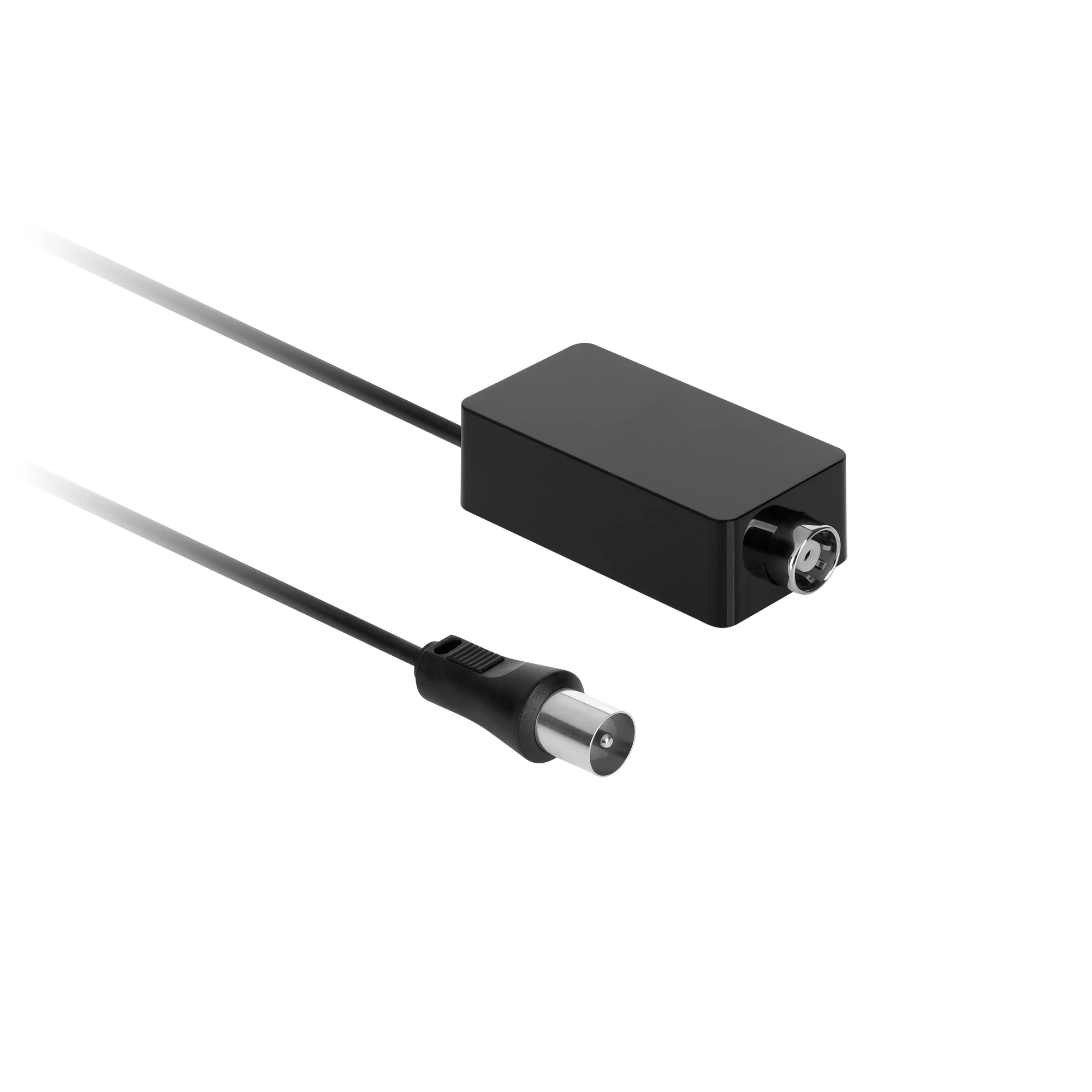 Musta Cabletech-antennivahvistin, jonka molemmissa päissä on koaksiaalikaapeli