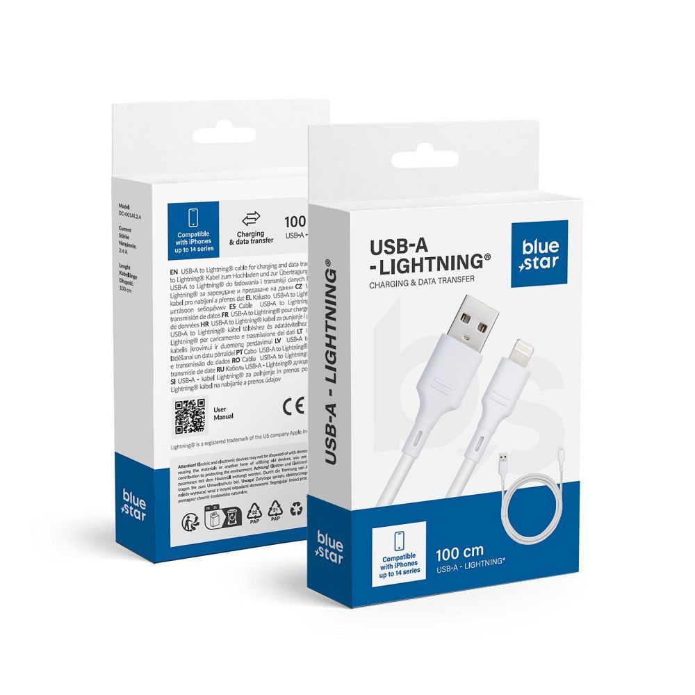 Kaapeli USB A - Lightning Blue Star 2,4A 1 m DC-001AL2.4 valkoinen
