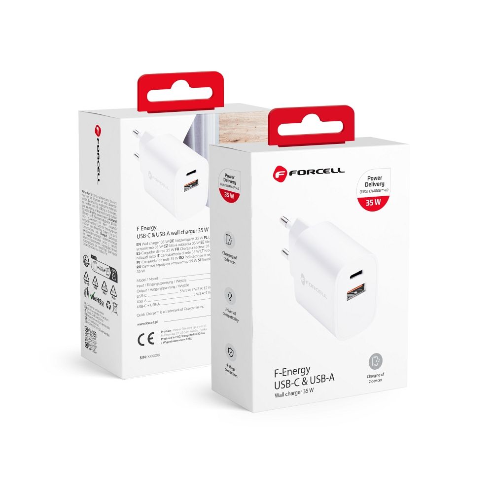 Puhelimen laturi Forcell F-Energy USB C + USB A QC4.0 PD 3A 35W TFK-TC-35WPD valkoinen