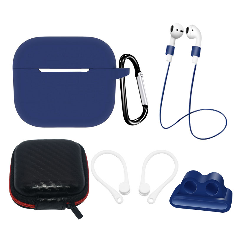 AirPods 3 silikoninen Suojakuori -setti + Suojakuori / korvakoukku / kaulahihna / kellohihnakiinnike / karabiinihaka - sininen
