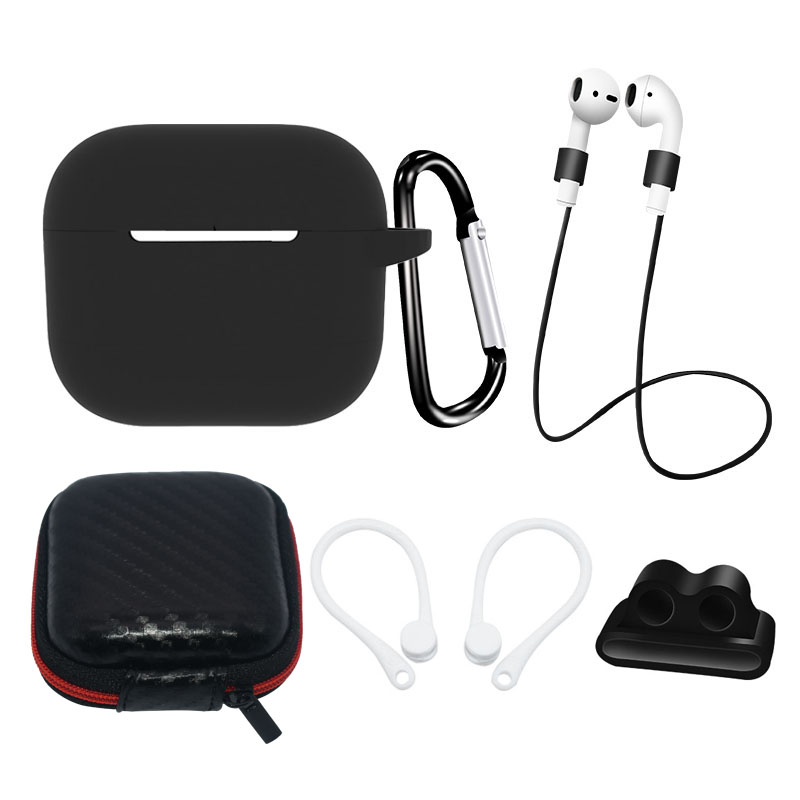 AirPods 3 silikoninen Suojakuori -setti + Suojakuori / korvakoukku / kaulahihna / kellohihnakiinnike / karabiinihaka - musta