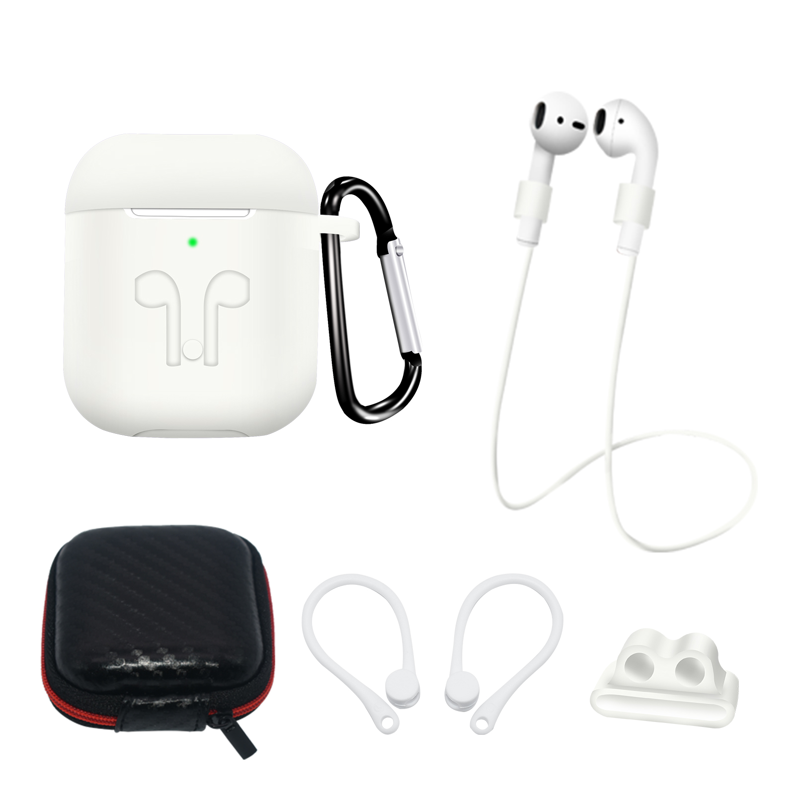 AirPods 2 / AirPods 1 silikoninen Suojakuori -setti + Suojakuori / korvakoukku / kaulahihna / kellohihnakiinnike / karabiinihaka - valkoinen