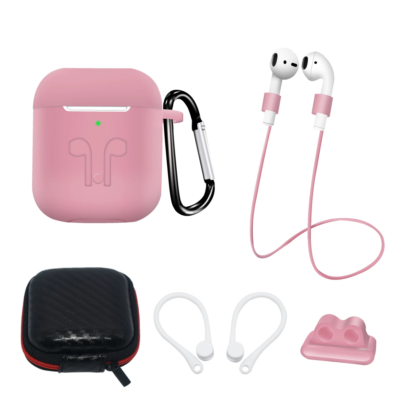 AirPods 2 / AirPods 1 silikoninen Suojakuori -setti + Suojakuori / korvakoukku / kaulahihna / kellohihnakiinnike / karabiinihaka - vaaleanpunainen