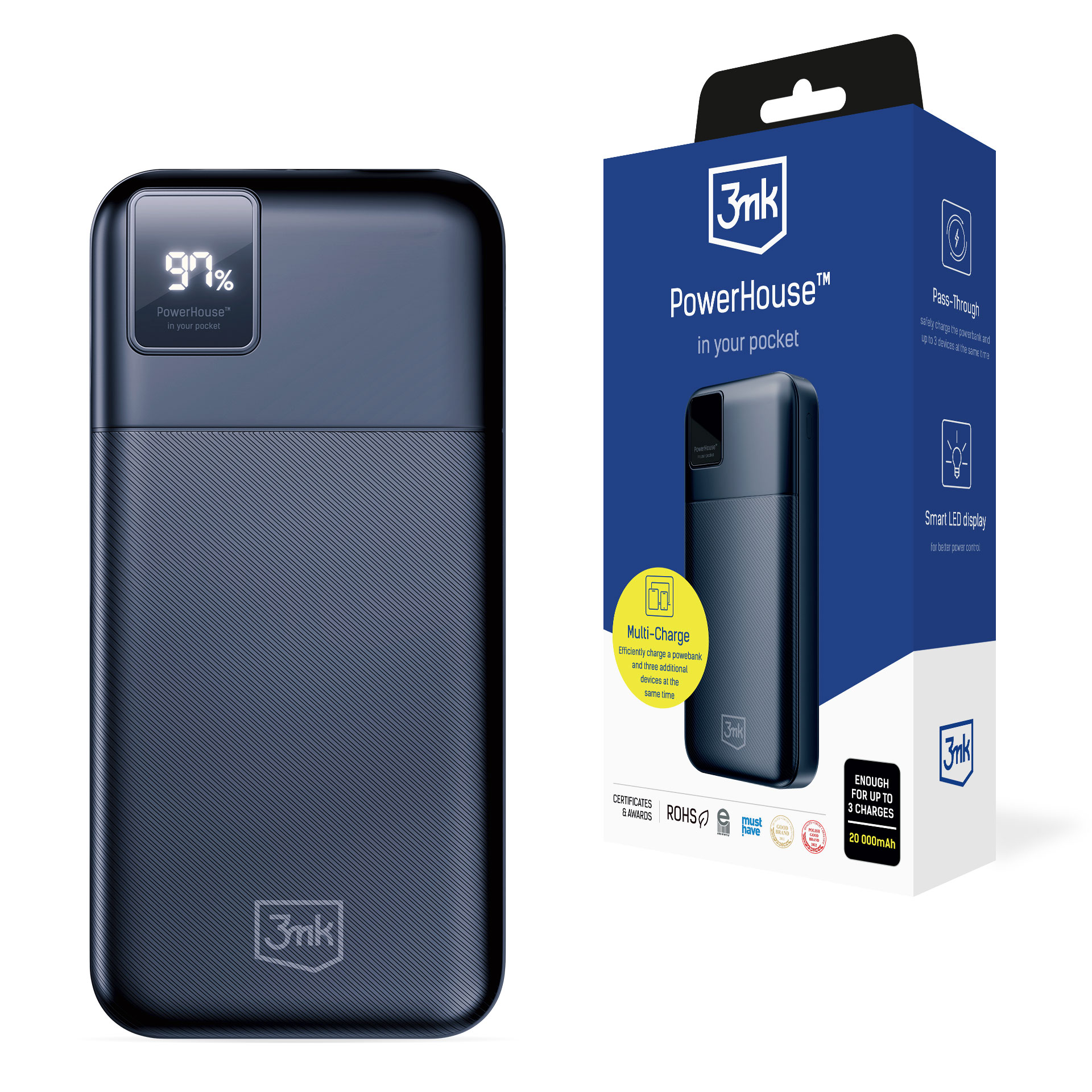 Tehopankki 3mk PowerHouse 20000 mAh 2x USB-A 1x USB-C - musta