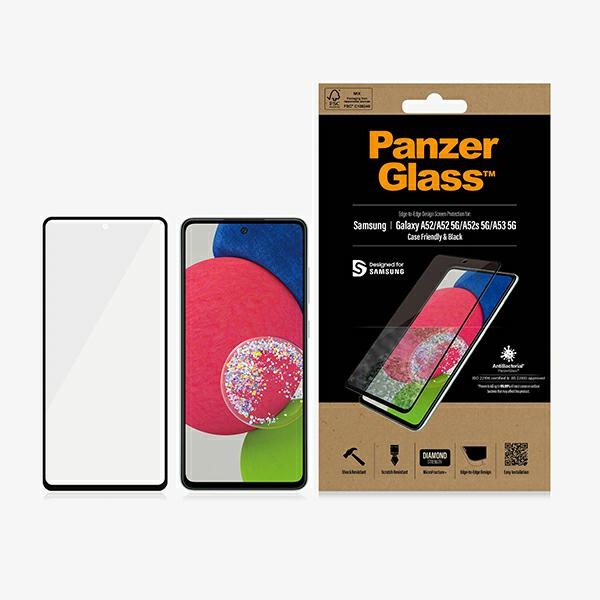PanzerGlass E2E Microfracture antibakteerinen suojalasi Samsung Galaxy A52 / A52 5G / A53 5G - mustalla kehyksellä