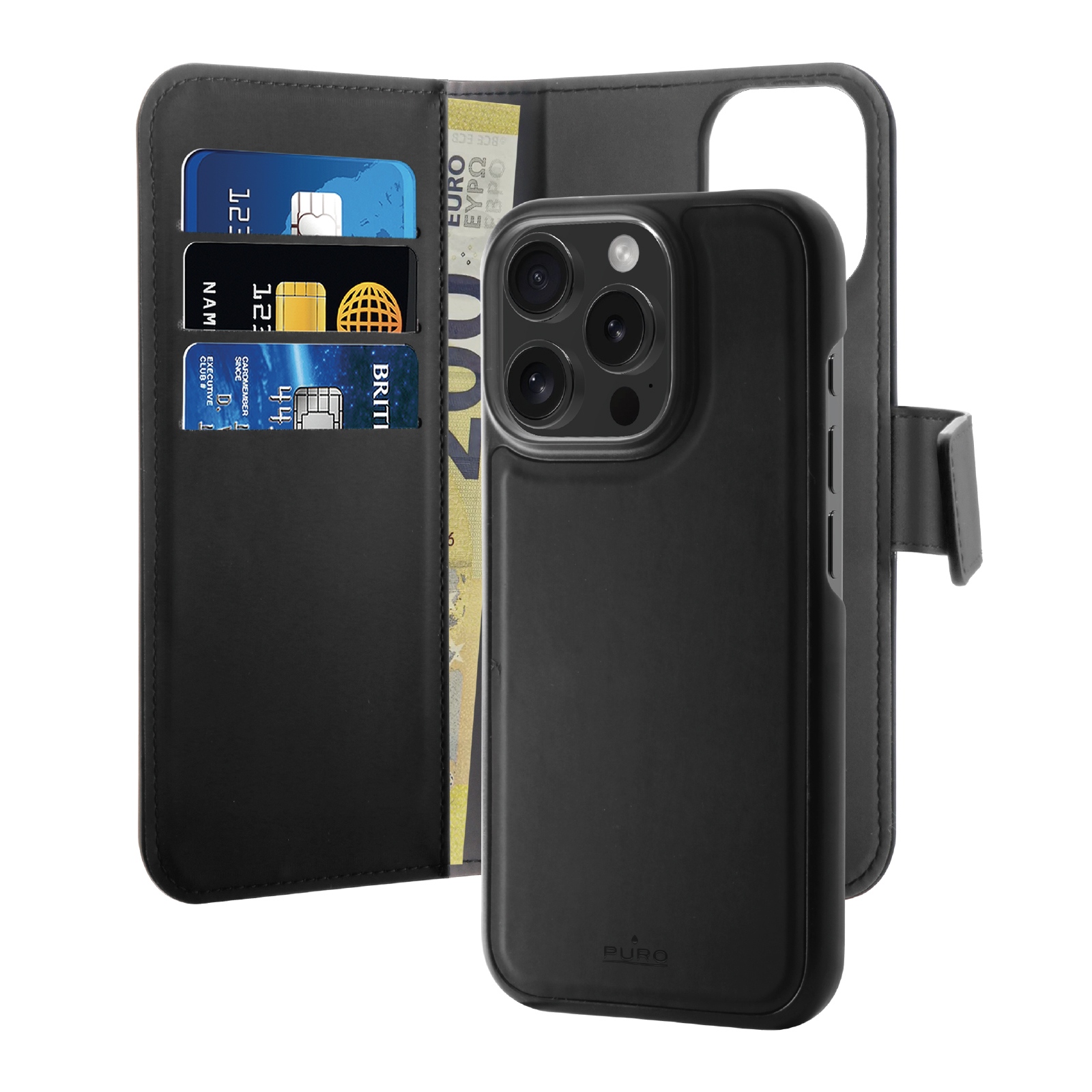 Puro Wallet Detachable MagSafe 2in1 PU-nahkainen Suojakuori läpällä ja lompakolla iPhone 16 Pro Maxille - musta