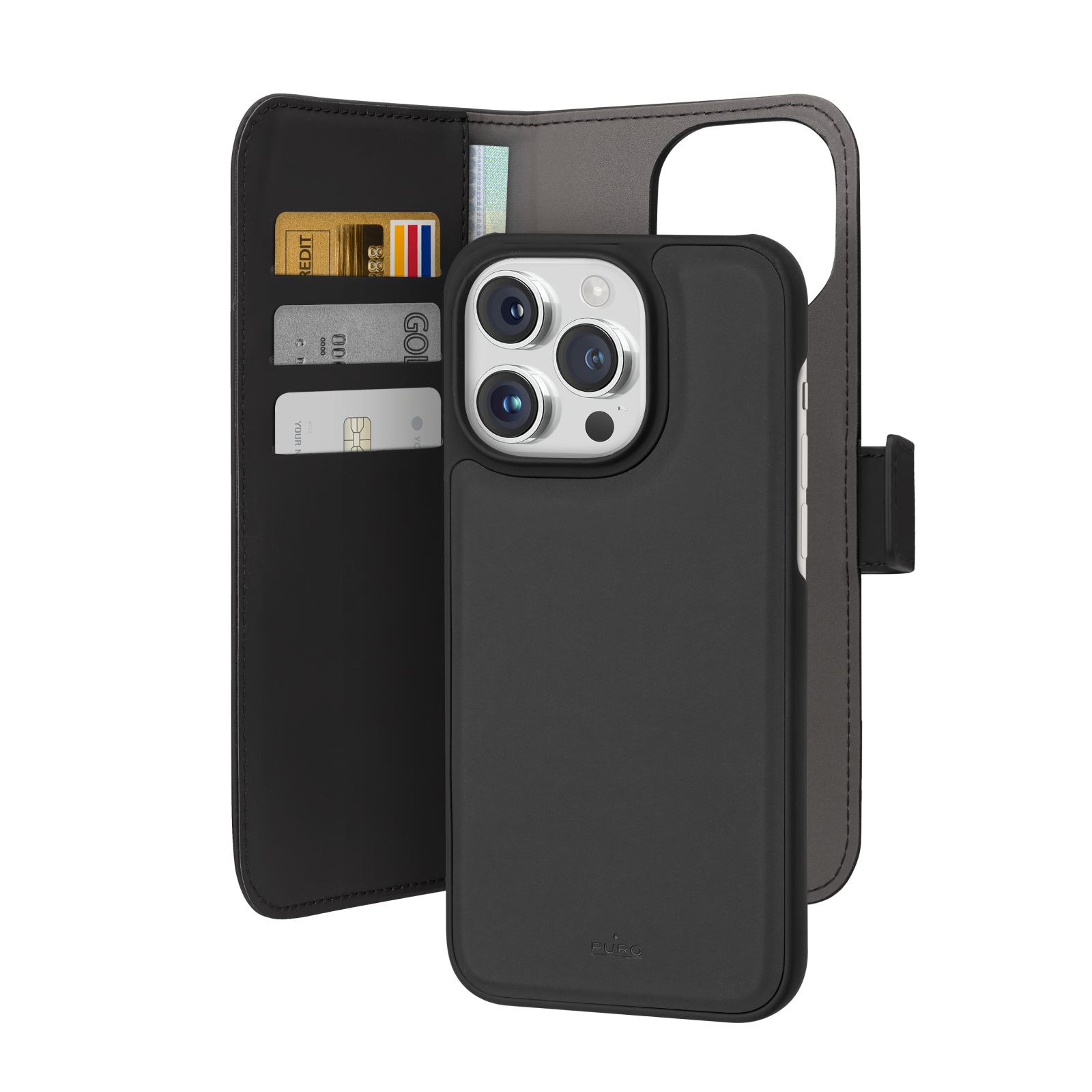 Puro Wallet Detachable MagSafe 2in1 PU-nahkainen Suojakuori läpällä ja lompakolla iPhone 15 Pro Maxille - musta