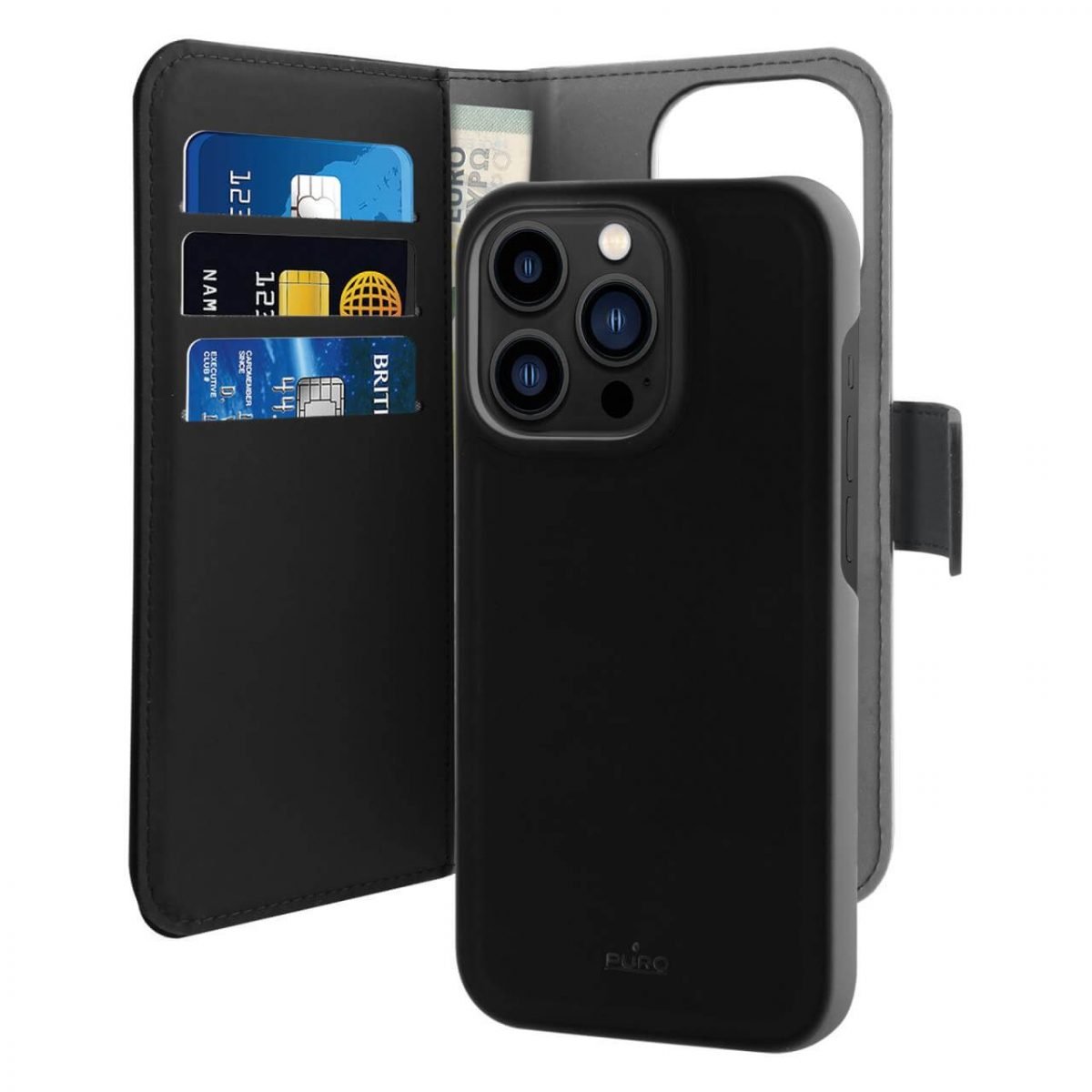 Puro Wallet Detachable MagSafe 2in1 PU-nahkainen Suojakuori läpällä ja lompakolla iPhone 14 Pro Maxille - musta