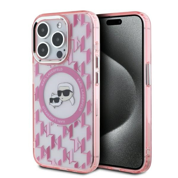 Karl Lagerfeld IML Monogram Karl & Choupette Head MagSafe Suojakuori iPhone 15 Pro:lle - Vaaleanpunainen
