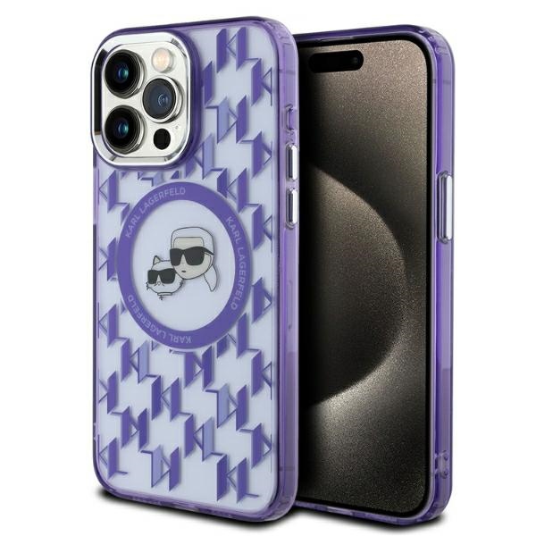 Karl Lagerfeld IML Monogram Karl & Choupette Head MagSafe Suojakuori iPhone 15 Pro Max:lle - Violetti