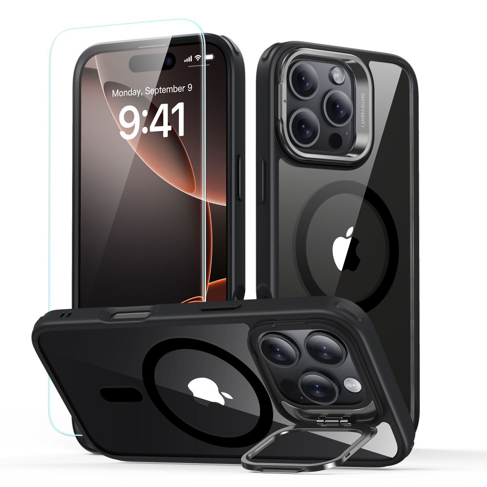 ESR Classic Hybrid Kickstand Halolock MagSafe Suojakuori jalustalla + Karkaistu lasi iPhone 16 Pro Max:lle - Läpinäkyvä mustalla kehyksellä