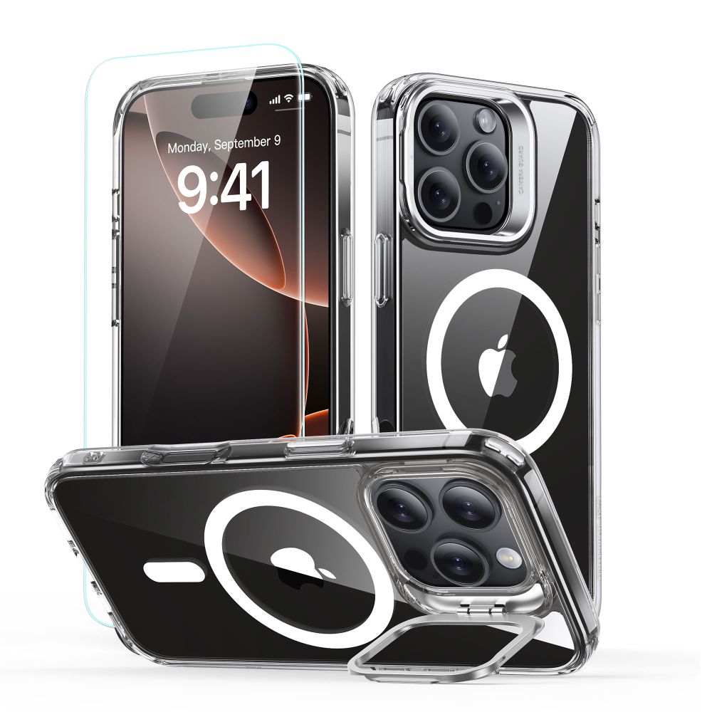 ESR Classic Hybrid Kickstand Halolock MagSafe Suojakuori-setti jalustan kanssa + Karkaistu lasi iPhone 16 Pro:lle - kirkas