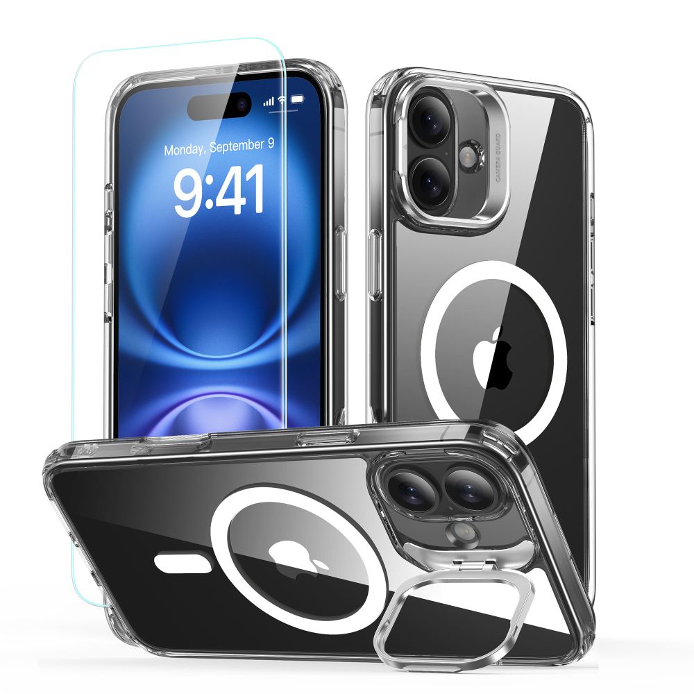 ESR Classic Hybrid Kickstand Halolock MagSafe Suojakuori setti + Karkaistu lasi iPhone 16:lle - läpinäkyvä
