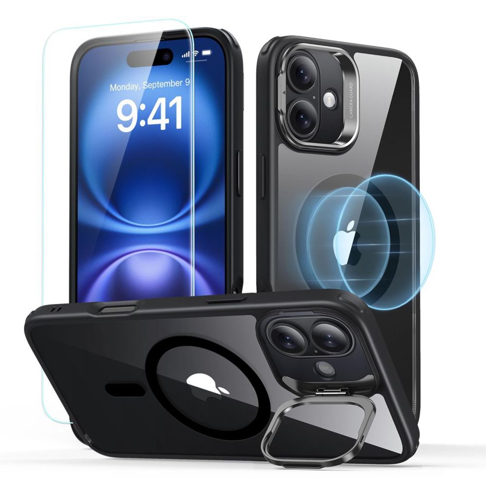 ESR Classic Hybrid Kickstand Halolock MagSafe Suojakuori setti + Karkaistu lasi iPhone 16:lle - musta