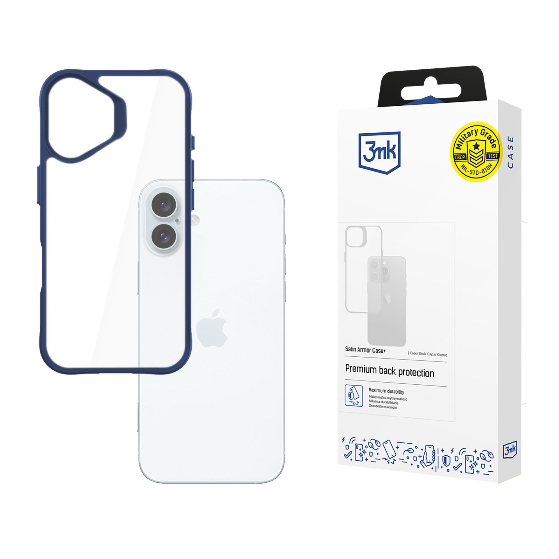 3mk Satin Armor Case+ Blue Suojakuori Apple iPhone 16 Plus:lle - läpinäkyvä