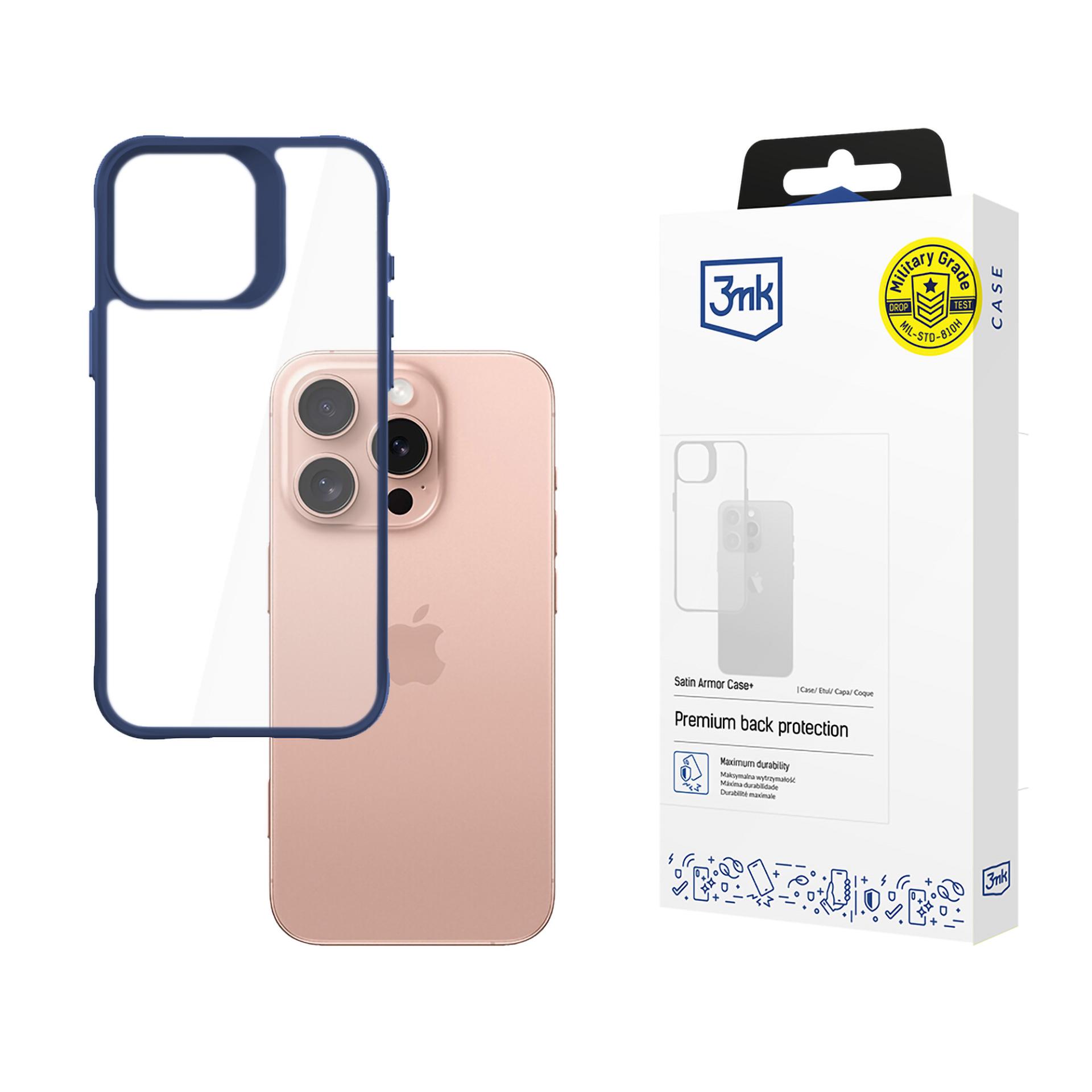 3mk Satin Armor Case+ Blue Suojakuori Apple iPhone 16 Pro:lle - läpinäkyvä