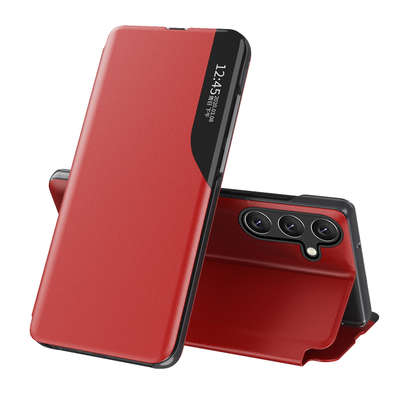 Eco Leather View Case tyylikäs nahkainen läppäsuojakuori jalustalla Samsung Galaxy A26:lle - punainen