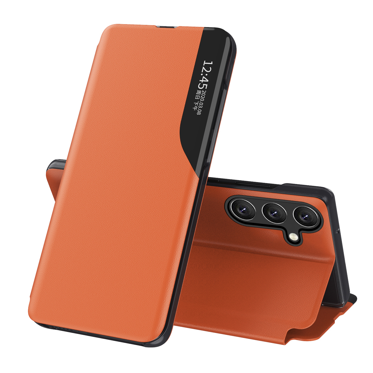 Eco Leather View Case tyylikäs nahkainen läppäsuojakuori jalustalla Samsung Galaxy A26:lle - oranssi