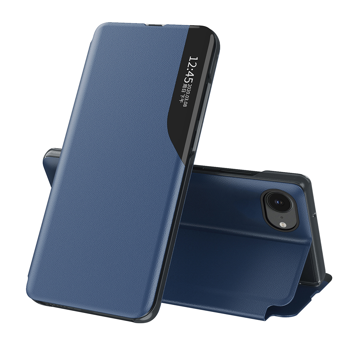 Eco Leather View Case, tyylikäs suojakuori läpällä ja jalustalla iPhone 16e / 17e:lle - sininen