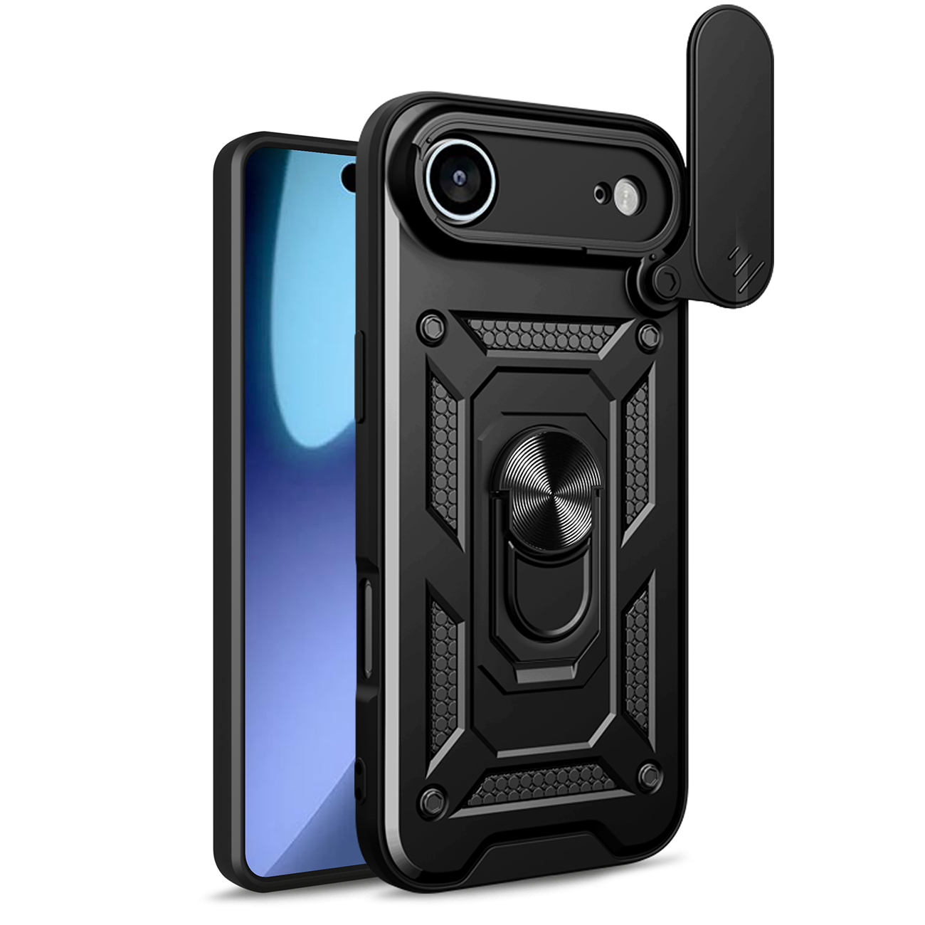 Hybrid Armor Camshield Suojakuori jalustalla ja kameran suojuksella iPhone 17 Air:lle - musta