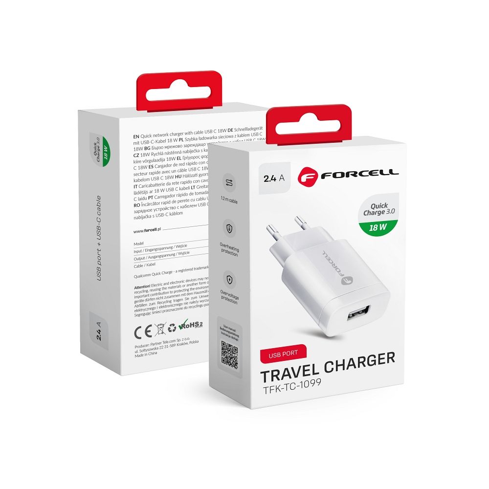 Puhelinlaturi Forcell F-Energy USB A QC3.0 2,4A 18W TFK-TC-1099 valkoinen