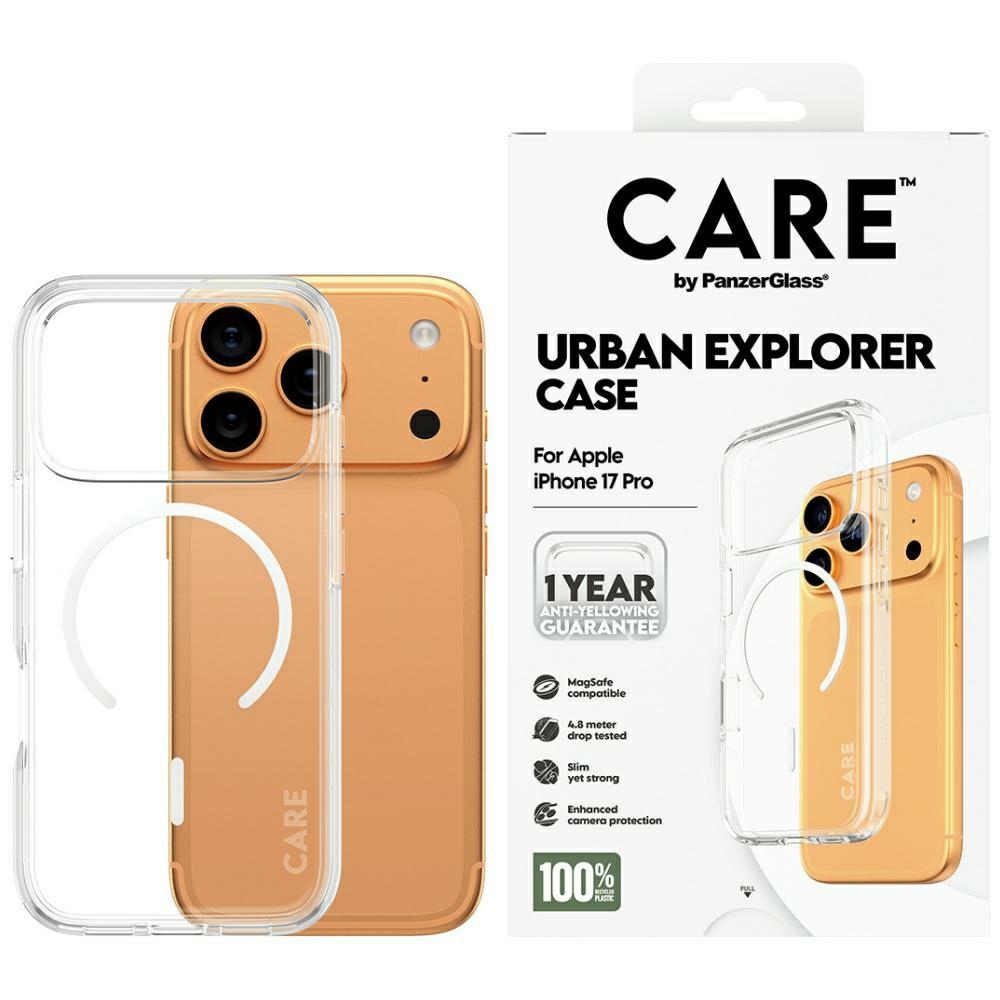 CARE by PanzerGlass Flagship Urban Explorer -suojakuori valkoisella MagSafella iPhone 17 Pro - läpinäkyvä