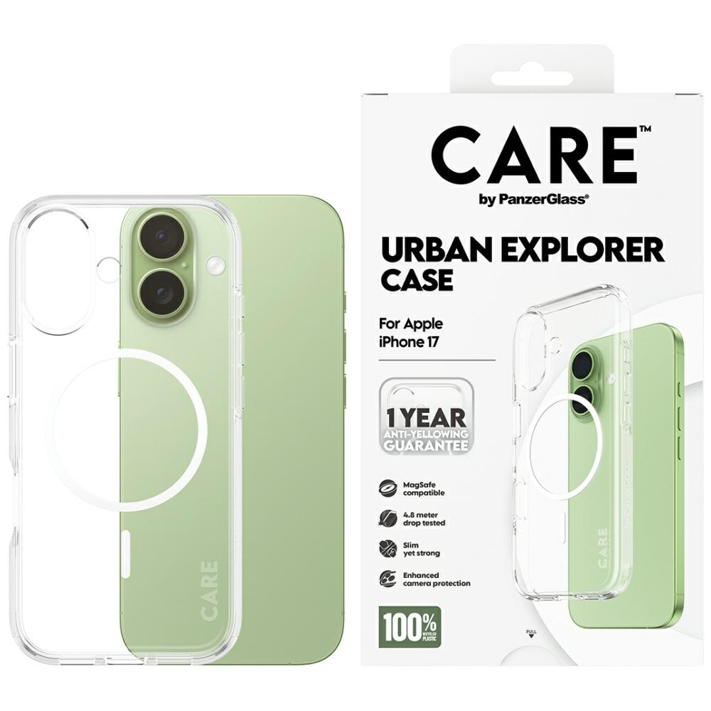 CARE by PanzerGlass Flagship Urban Explorer -suojakuori valkoisella MagSafella iPhone 17 - läpinäkyvä