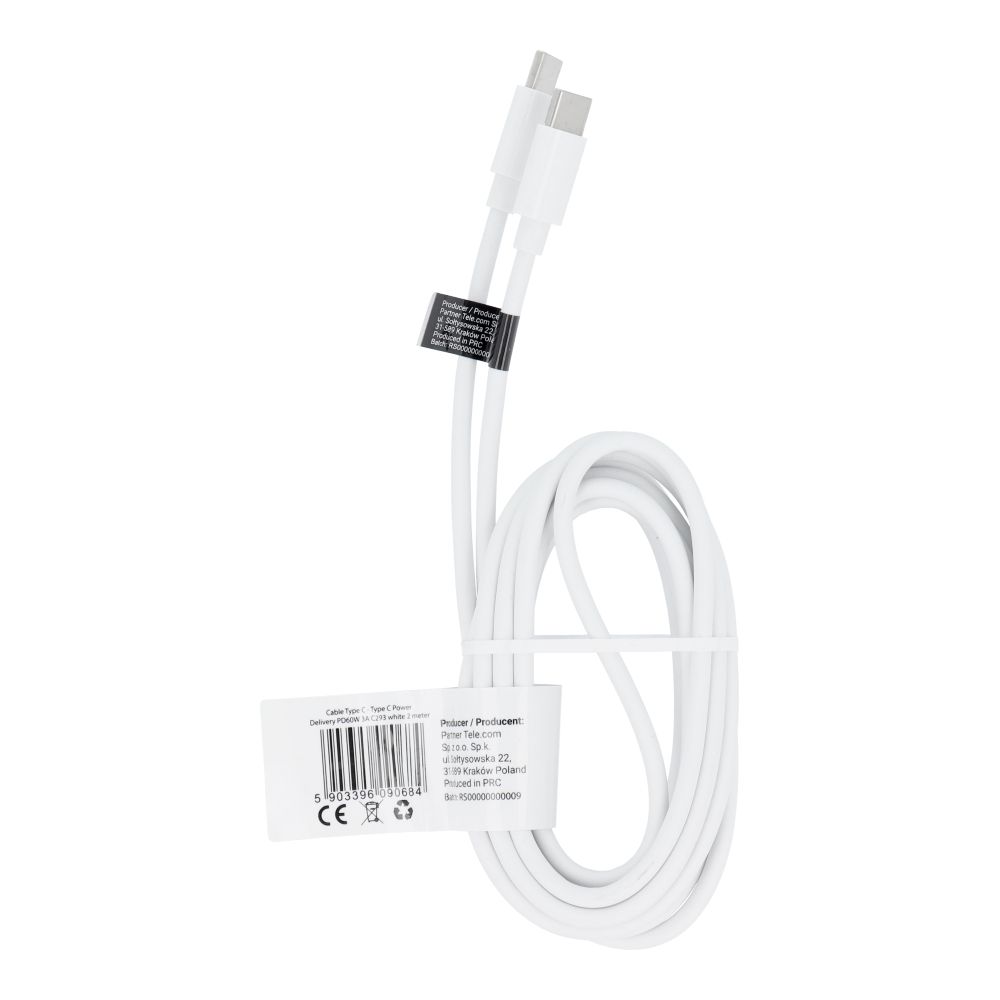 Kaapeli Type C - Type C PD QC 3A 60W C293 2 m valkoinen