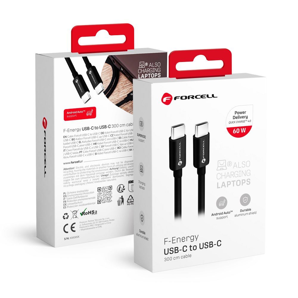 Kaapeli USB C - USB C Forcell F-Energy QC4.0 PD 3A 60W 3 m C338 musta