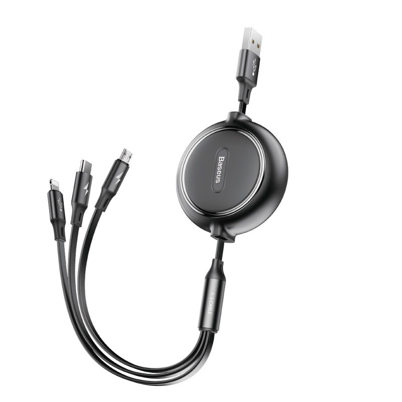 Baseus Golden Loop 3-in-1 sisäänvedettävä kaapeli USB - micro USB + Lightning + USB-C 1,2 m 3,5A musta