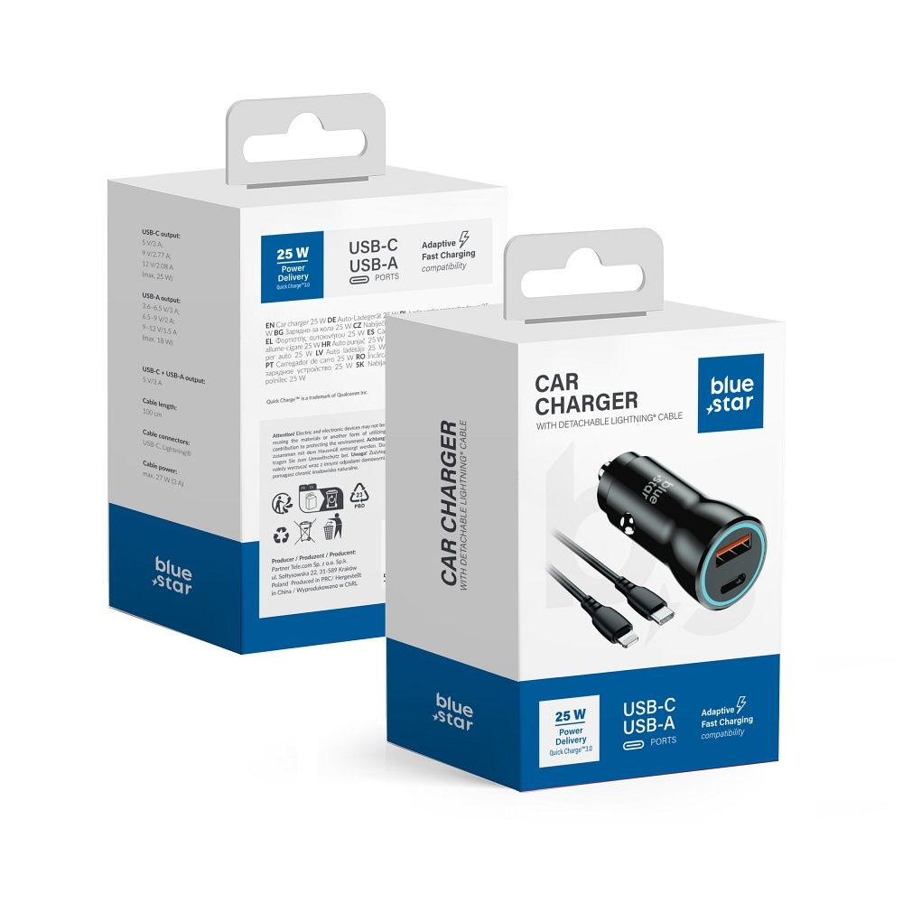Autolaturi Blue Star USB C + USB A QC3.0 PD AFC PPS 3A 25W + kaapeli USB C - Lightning musta