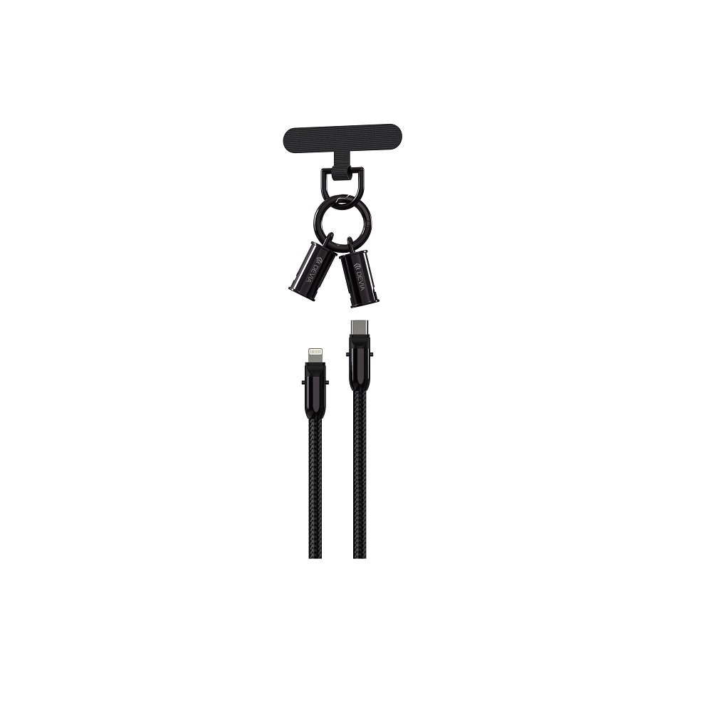 Devia lanyard-kaapeli 2in1 PD USB-C - Lightning 0,3 m 27W, musta