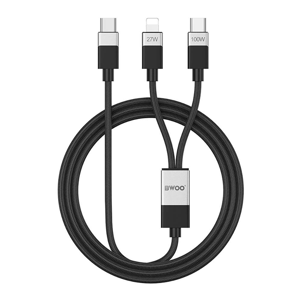 BWOO punottu 2-in-1 kaapeli USB-C - USB-C ja Lightning 1m 100W/27W musta