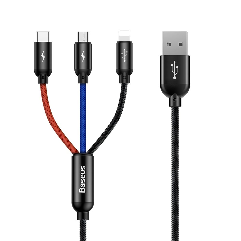 Baseus Three Primary Colors 3in1 USB-A - micro USB / Lightning / USB-C 3.5A kaapeli 1,2 m - musta