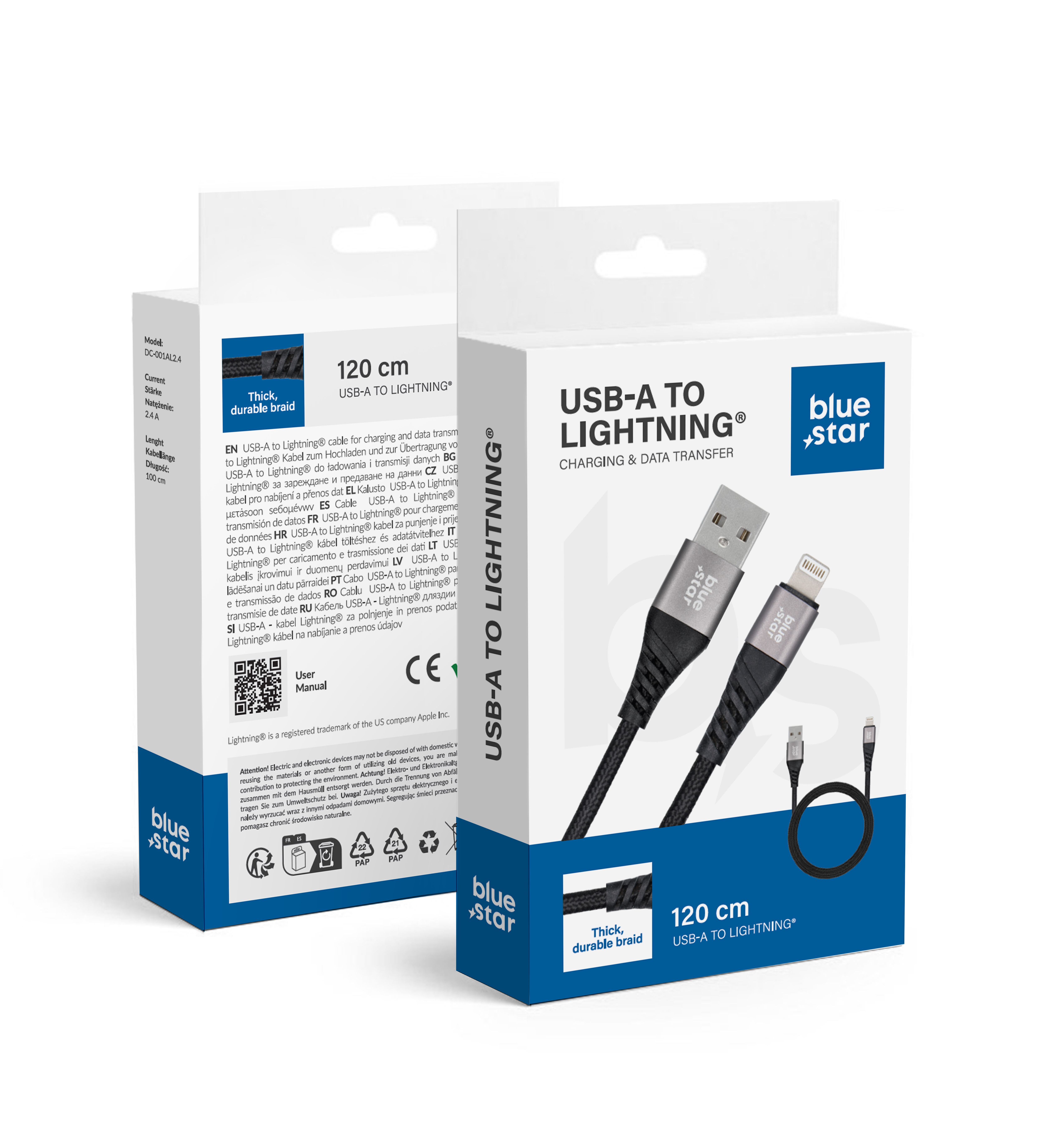 Kaapeli USB A - Lightning Blue Star 2,4A punoskaapeli 1,2 m TFK-DC-003 musta