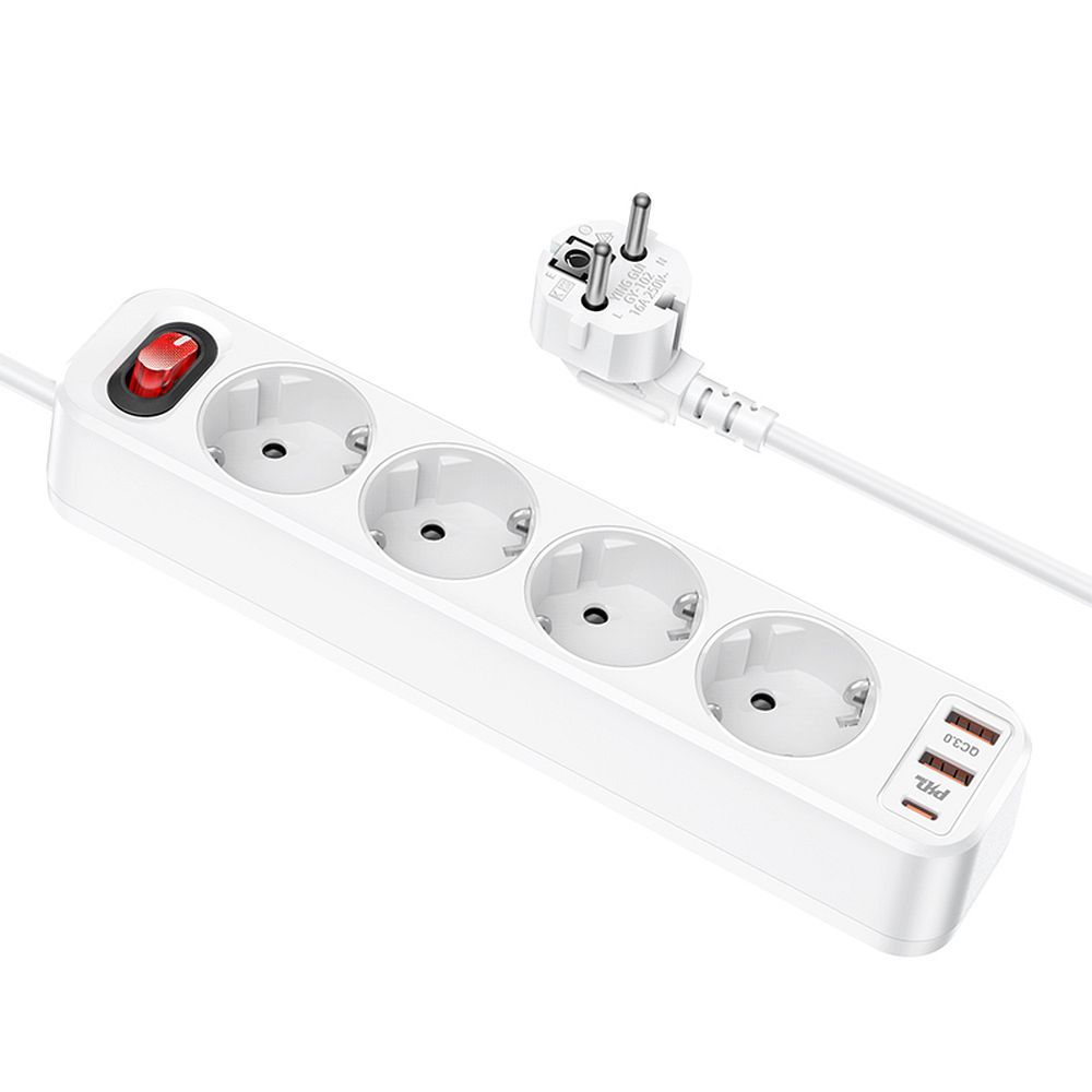 Laturi-jatkojohto Hoco NS1 (2xUSB; 1xUSB-C; 4xEU-pistoke; 3A 20W) valkoinen