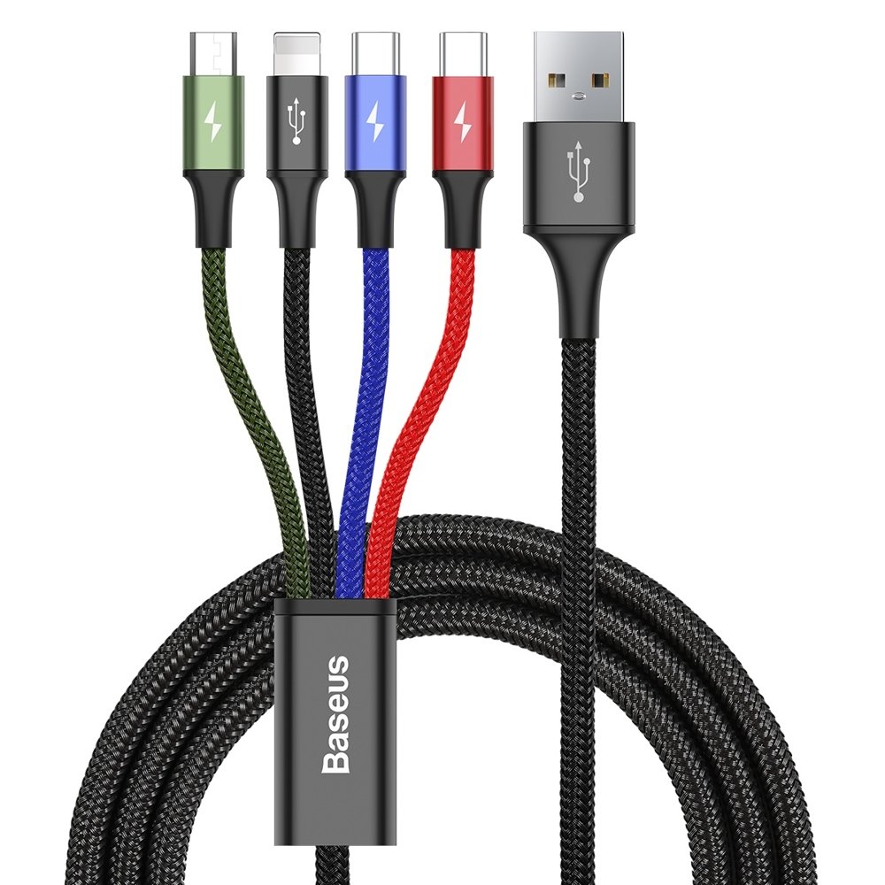 Baseus 4in1 USB-kaapeli Lightning / 2x USB Type C / micro USB nailonpunoksella 3.5A 1,2 m musta (CA1T4-B01)