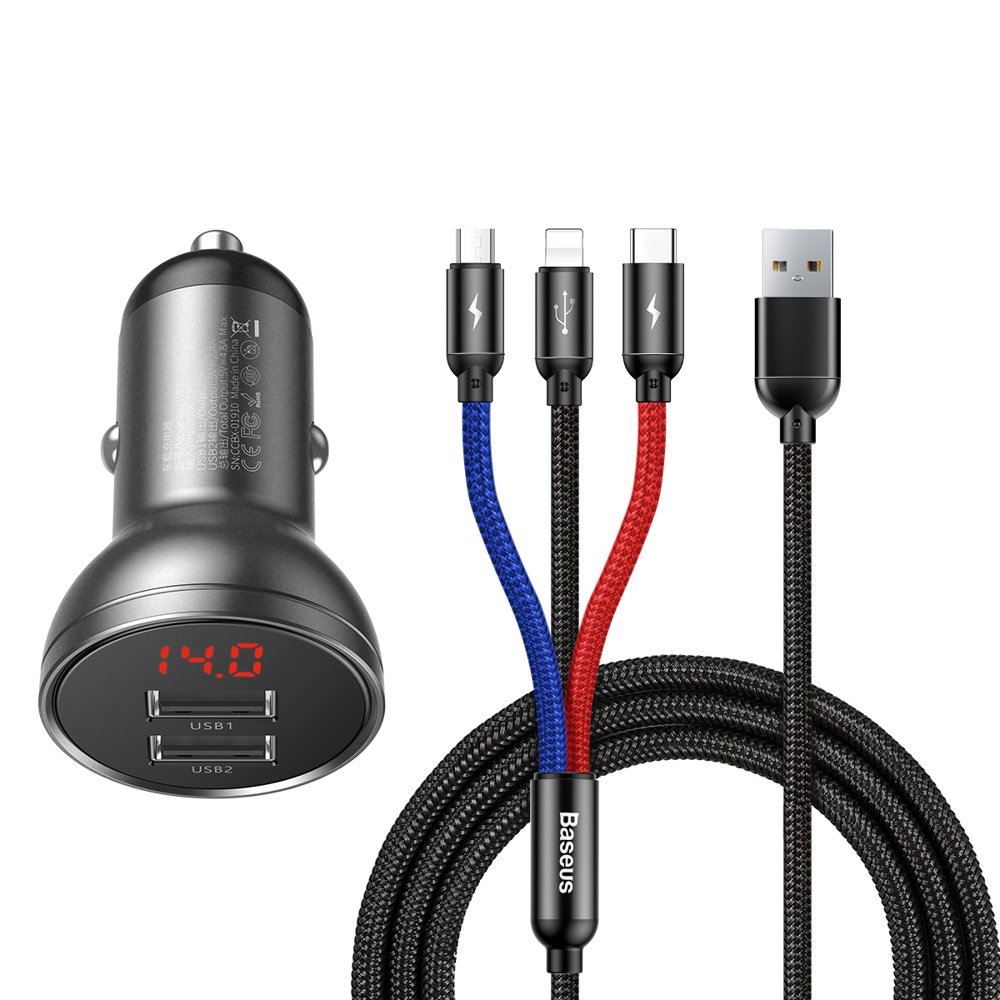Baseus auton laturi naytolla 24W + kaapeli USB 3in1 Baseus Three Primary Colors 1,2m