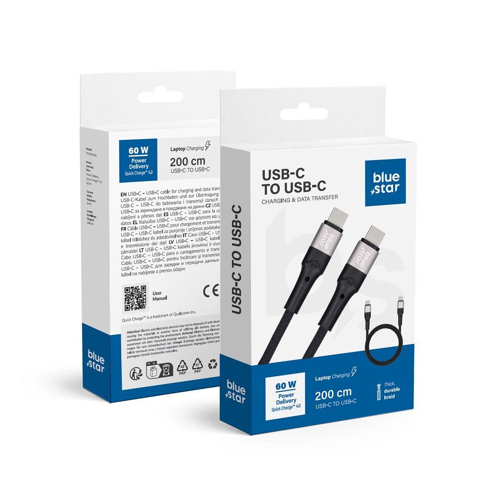 Kaapeli USB C - USB C Blue Star 3A 60W PD QC4.0 punoksella 2 m TFK-DC-004 musta
