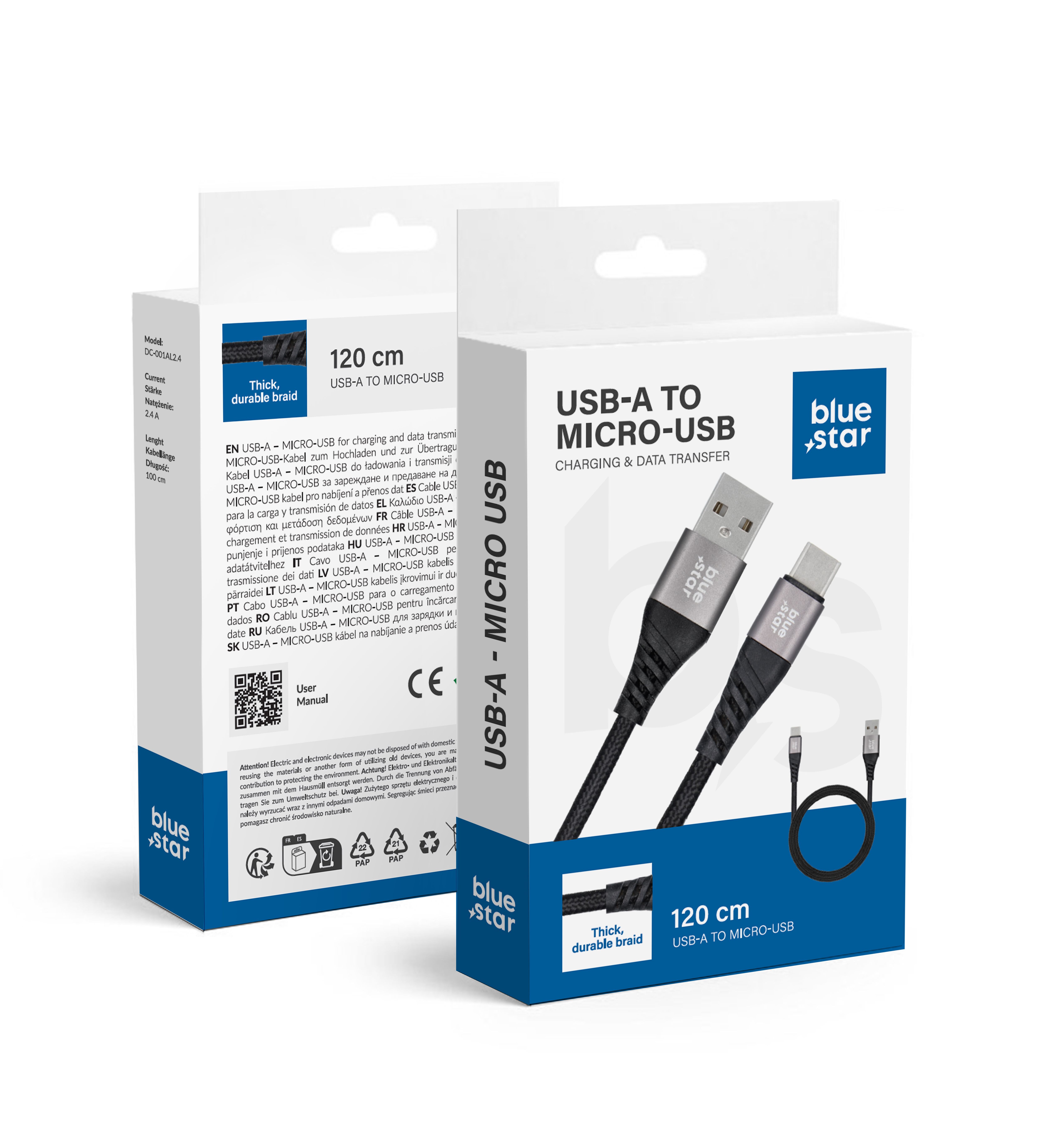 BLUE STAR kangaspäällysteinen kaapeli 2A USB A - Micro USB TFK-DC-003 1,2 m musta