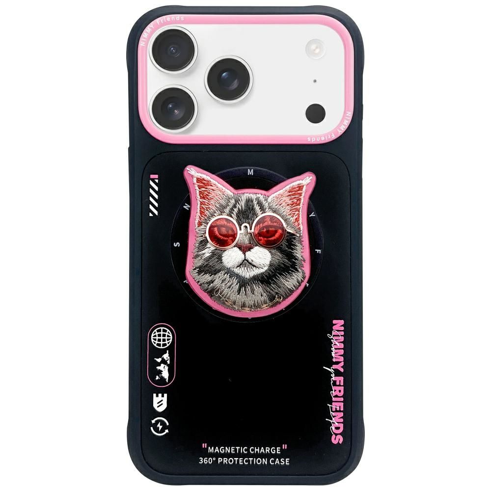NIMMY suojakuori GLASSES COOL CAT yhteensopiva MagSafen kanssa iPhone 17 Pro Max:lle musta vaaleanpunainen