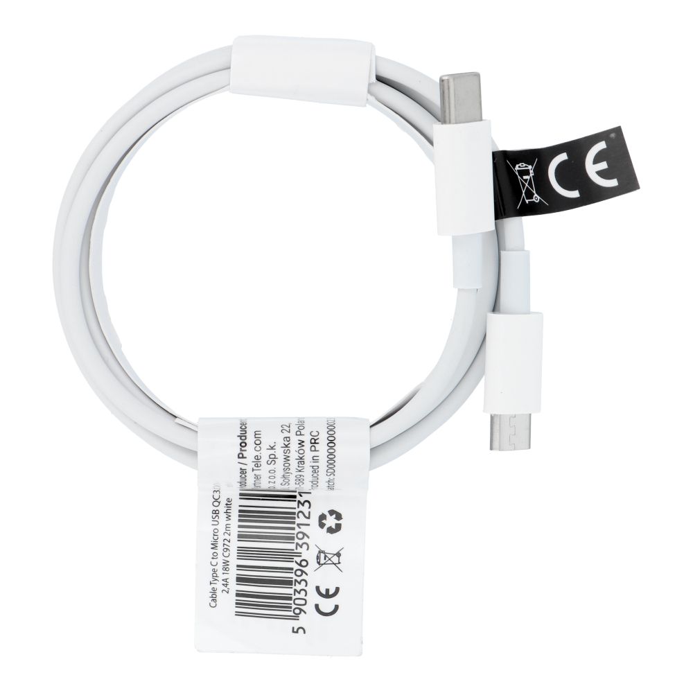 USB C - Micro USB kaapeli QC3.0 2,4A 18W C972 2 m valkoinen