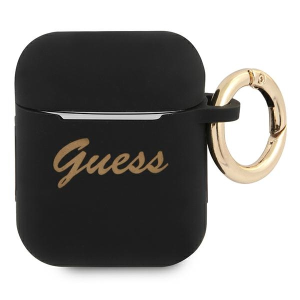 Guess GUA2SSSK AirPods suojakuori musta/musta Silikoni Vintage Script -viinikirjoitus