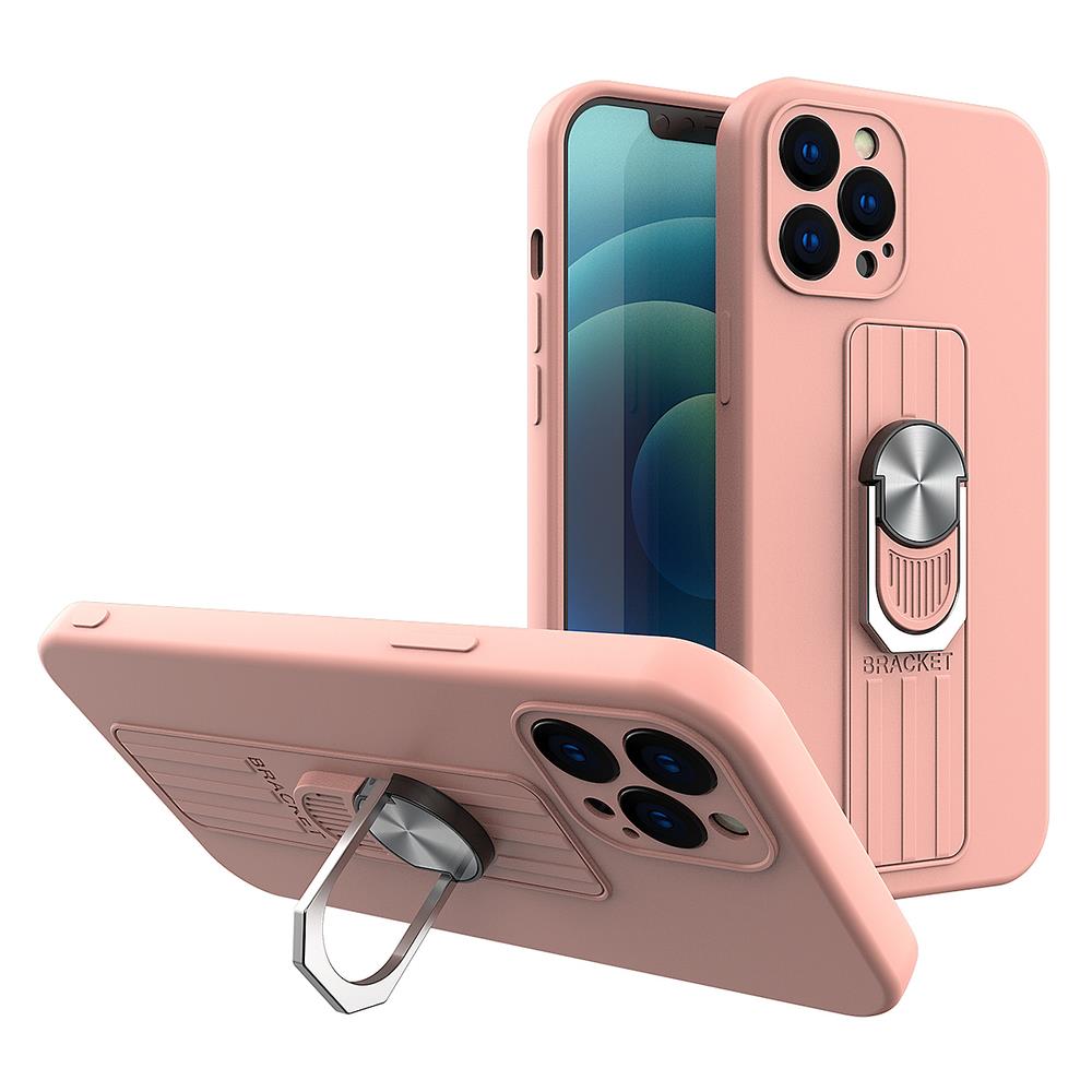 Ring Case silikonikotelo sormi ote ja jalusta iPhone 13 Pro vaaleanpunainen