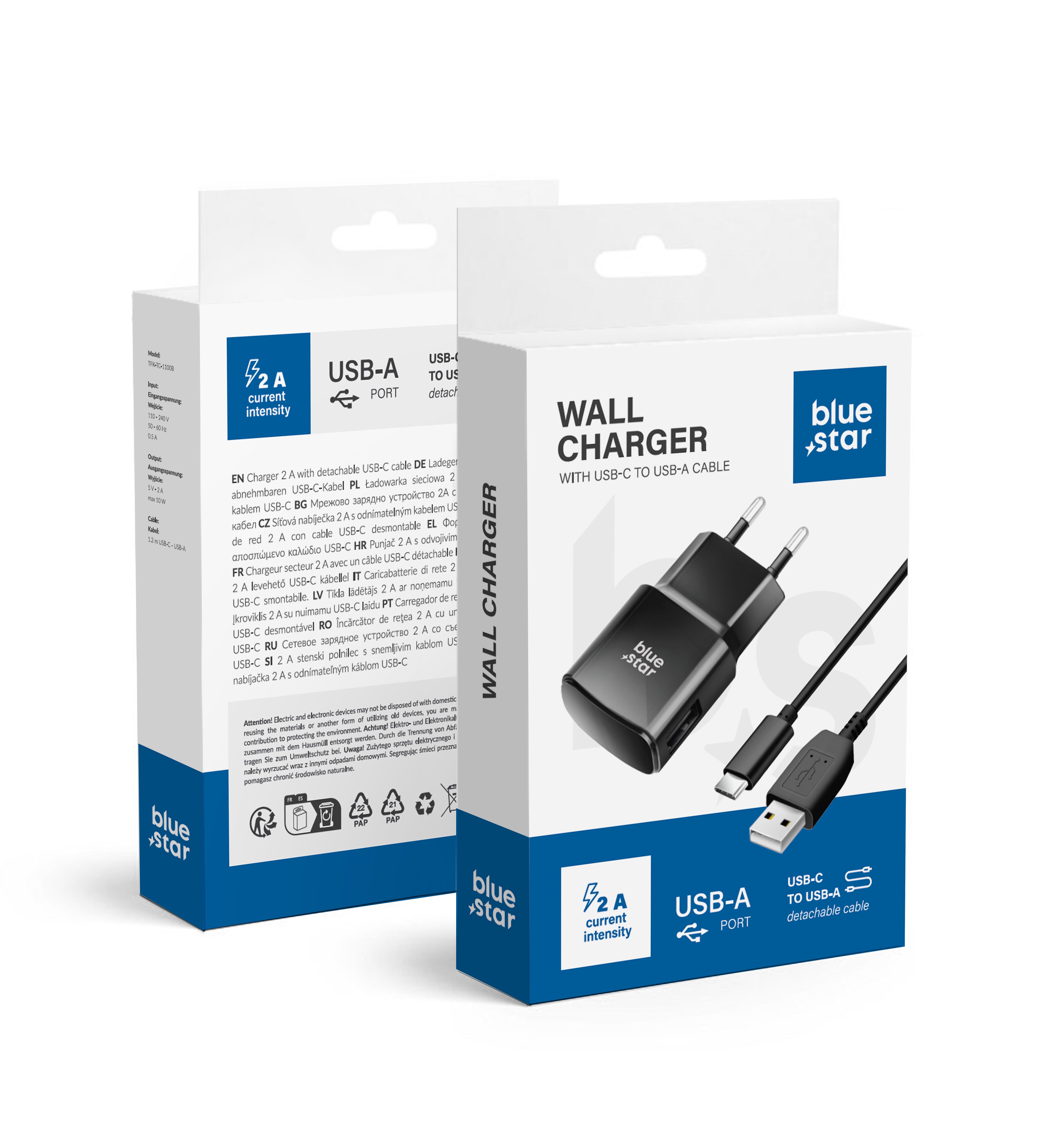 Puhelinlaturi Blue Star USB A 2A 10W + kaapeli USB A - USB C TFK-TC-1100B musta