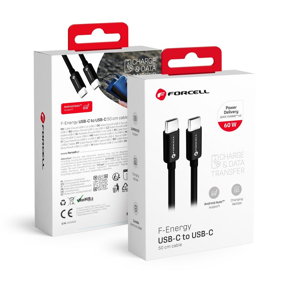 Kaapeli USB C - USB C Forcell F-Energy QC4.0 PD 3A 60W 0,5 m C338 musta