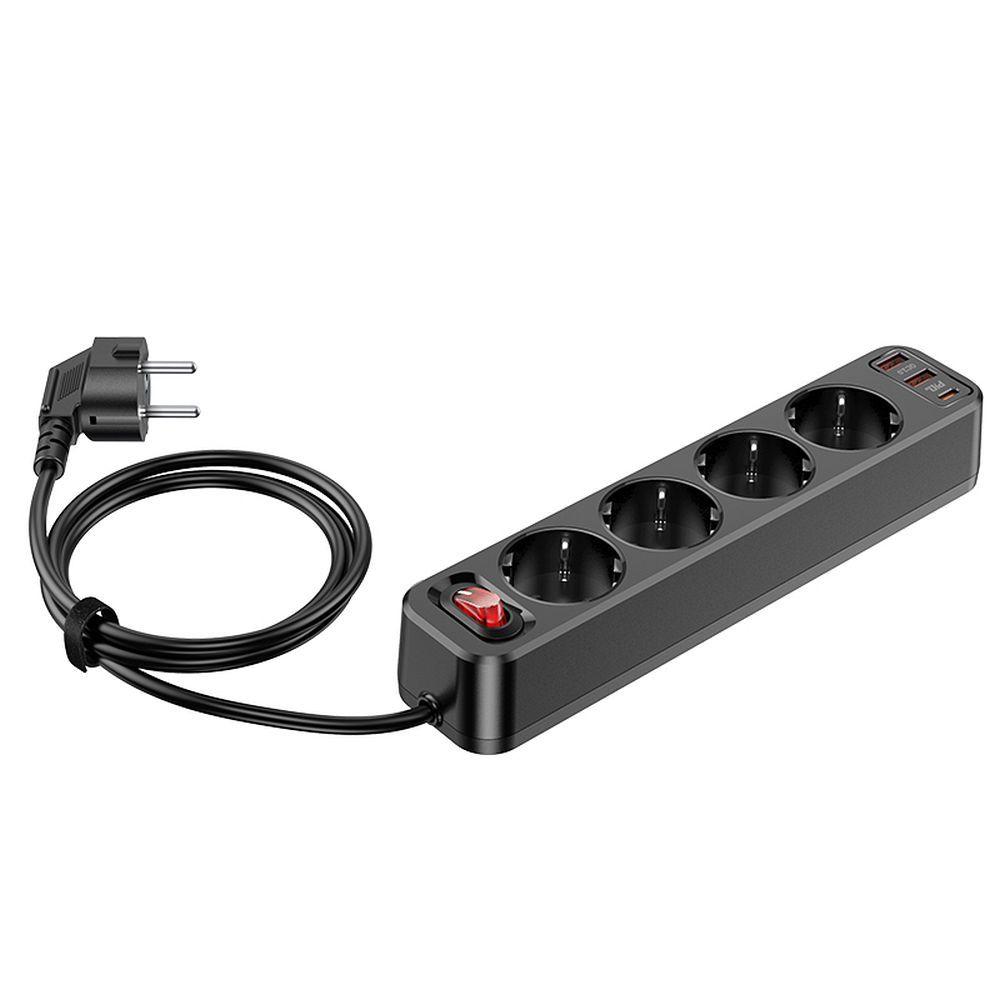 Laturi-jatkojohto Hoco NS1 2xUSB + 1xUSB-C + 4xEU-pistoke 3A 20W musta