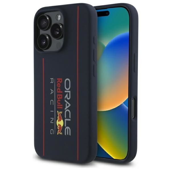 RED BULL suojakuori iPhone 16 Pro, MagSafe-yhteensopiva RBHMP16L24SIOLRV (silikoni, suuri pystylogo), tummansininen