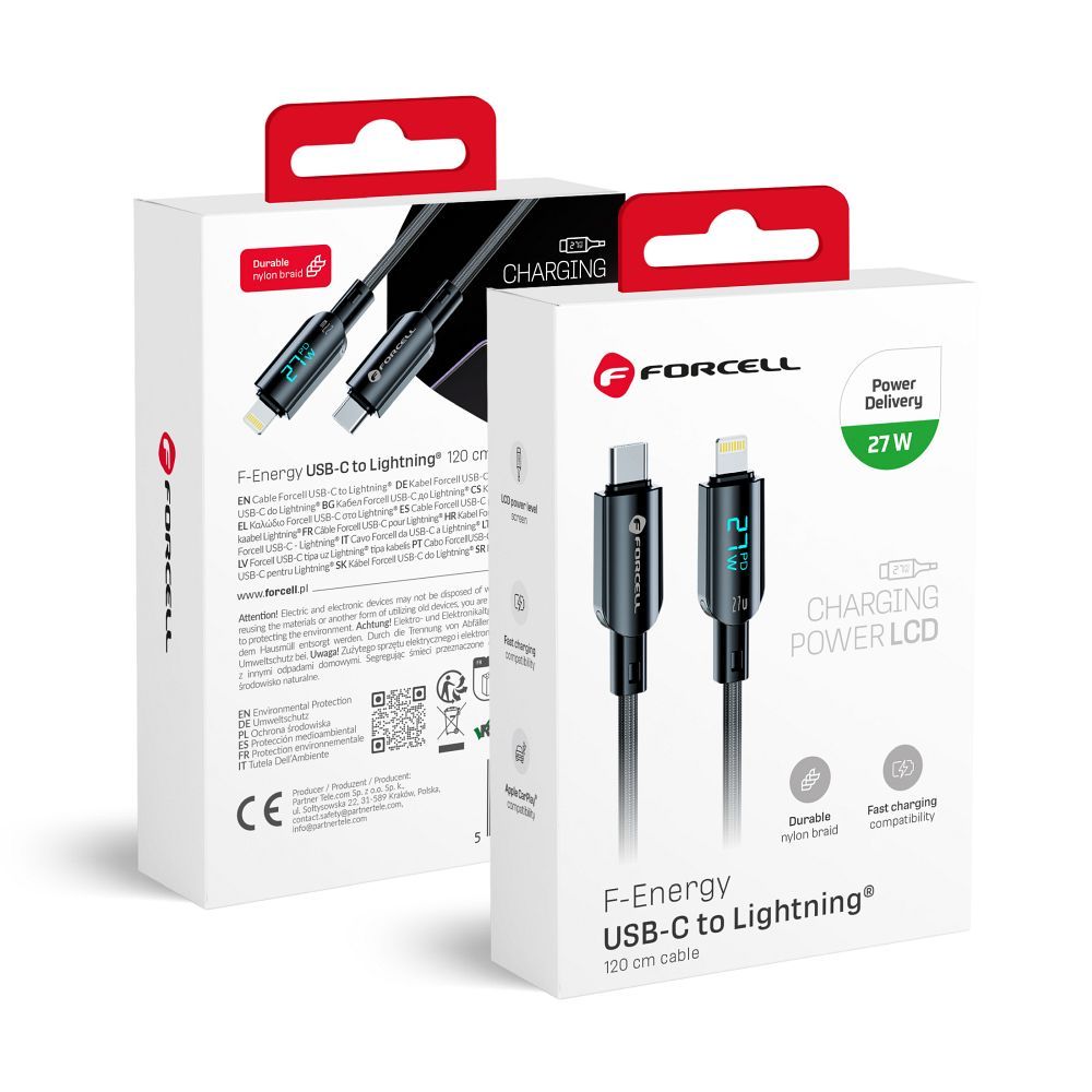 Kaapeli USB C - Lightning Forcell F-Energy PD 3A 27W Digital 1,2 m C276 musta